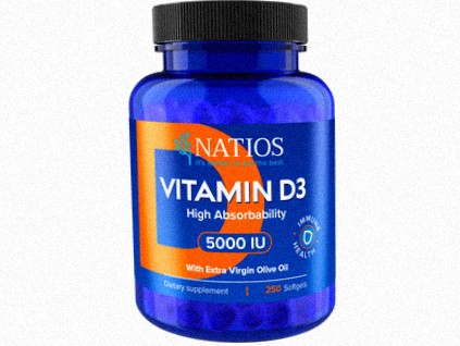 NATIOS Vitamín D3, Vysoko vstrebateľný, 5000 IU, 250 softgel kapsúl (s olivovým olejom)
